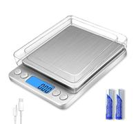 MEIYA Digital Gram Scale 1000g/0.01g, Multi-Function, Silver, Stainless Steel, USB Charging, 9 Units, 2 Tray, Tare Function, Food Scale