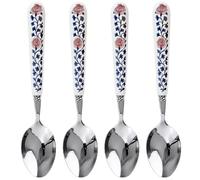 MEIYAHOME 20cm 8inch Dinner Spoon 18-10 Stainless Steel Mirror Smooth Polished Ceramic Handle,Peony Pastoral Whisper Style Table Spoons, SUS304 Soup Spoon (4 PCS Spoons-Peony)
