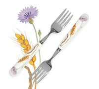 MEIYAHOME Dinner Fork Cornflower Purple Flower & Wheat Ode Series，Smooth Polishing White Ceramic Handle，Whispers of Wheat ，Pastoral Steak Fork (2 Pcs Forks)