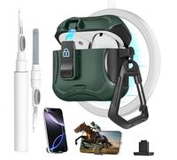 Meiyasy for AirPods 4 Case with Secure Lock Clip and Phone Stand, Protective Cover Compatible with Magsafe with Cleaning Kit and Keychain for Apple AirPod 4 Generation 2024(Dark Green)