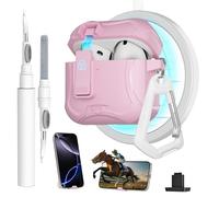 Meiyasy for AirPods 4 Case with Secure Lock Clip and Phone Stand, Protective Cover Compatible with Magsafe with Cleaning Kit and Keychain for Apple AirPod 4 Generation 2024(Pink)