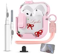 Meiyasy for AirPods 4 Case with Secure Lock Clip in Phone Stand,Floral Girly Style Protective Cover with Cleaning Kit and Hand Strap for Apple AirPod 4 Generation (Pink Bow)
