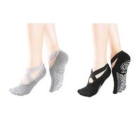 Meiyea 2 Pair Yoga Socks for Women Non-Slip Grips & Straps, Ideal for Pilates, Pure Barre, Ballet, Dance, Barefoot Workout - Black & Grey