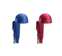 Meiyea 2 PCS Long Tail Durag, Silk Durag 360 Waves Headwraps Wide Straps Pirate Hair Loss Chemo Cap Bandana Turban Hat for Women and Men Hip-hop