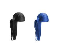 Meiyea 2 Pcs Silk Durags for Men and Women - Long Tail Wave Caps with Adjustable Tie, Soft Satin Durag for Sleeping, Hair Protection, Daily Wear, Hip Hop Fashion-(Black,Royal blue)