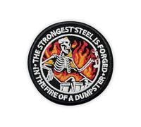 MEIYSTICK Skeleton Strongest Steel is Forged in The Fire of a Dumpster Hook and Loop Embroidery Patches for Backpacks Hats Vest Dog Harness Bags, Dumspter Size 3" Tactical Applique Patch for Clothes