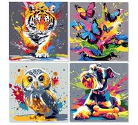 MEIYUDA 4 Pack Paint by Numbers for Children with Frame Amazing Animals, DIY Canvas Oil Painting Kit Kids Ages 4-8-12, Arts and Crafts Drawing Paintwork for Home Wall Decor 20x20cm