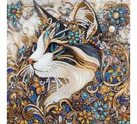 MEIYUDA Cat Diamond Painting Kits for Adults, 5D Flower Cat Special Shape Diamond Art Kits for Adult Beginners, DIY Diamond Art Crystal Rhinestones for Home Walls Decor 12x12inch
