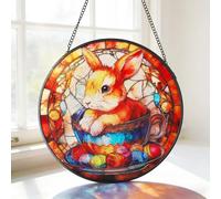 MEIYUDA Easter Stained Glass Window Hanging Suncatcher, Double Side Glass Panel Sun Catchers for Windows, Hanging Suncatcher Handmade Decor Birthday Gifts for Women, Men, Mom and Lovers 20x20cm