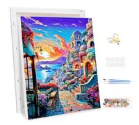 MEIYUDA Paint by Numbers for Adult with Frame Romantic Town, DIY Canvas Oil Painting Kit for Beginner Seaside, Arts and Crafts Kit Acrylic Pigment Drawing Paintwork for Home Wall Decor 30x40cm