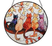 MEIYUDA Stained Glass Window Hanging Suncatcher, Cats On A Branch Double Side Glass Panel Sun Catchers for Windows, Handmade Decor Ornaments Birthday Gifts for Women, Mom, Couples and Lovers 20x20cm