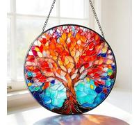 MEIYUDA Stained Glass Window Hanging Suncatcher, Colorful Tree of Life Double Side Glass Panel Sun Catchers for Windows, Handmade Decor Birthday Gifts for Women, Men, Mom, Couples and Lovers 20x20cm