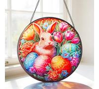 MEIYUDA Stained Glass Window Hanging Suncatcher Easter Bunny and Eggs, Double Side Glass Panel Sun Catchers for Windows, Handmade Decor Birthday Gifts for Women, Men, Mom, Couples and Lovers 20x20cm