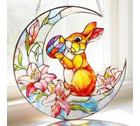 MEIYUDA Stained Glass Window Hanging Suncatcher, Easter Bunny and Eggs Double Side Glass Panel Sun Catchers for Windows, Handmade Decor Birthday Gifts for Women, Men, Mom, Couples and Lovers 20x20cm