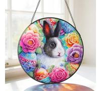 MEIYUDA Stained Glass Window Hanging Suncatcher, Easter Bunny Eggs Double Side Glass Panel Sun Catchers for Windows, Handmade Decor Ornaments Birthday Gifts for Women, Mom, Couples and Lovers 20x20cm