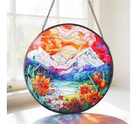 MEIYUDA Stained Glass Window Hanging Suncatcher, Sun Mountain Double Side Glass Panel Sun Catchers for Windows, Handmade Decor Birthday Gifts for Women, Men, Mom, Couples and Lovers 20x20cm