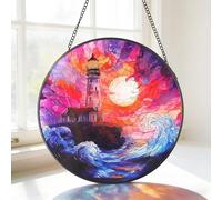 MEIYUDA Stained Glass Window Hanging Suncatcher, Waves Lighthouse Double Side Glass Panel Sun Catchers for Windows, Handmade Decor Ornaments Birthday Gifts for Women, Mom, Couples and Lovers 20x20cm