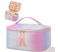 Meiyuuo Large Initial Makeup Bag Portable Travel Cosmetic Bag Cute Rainbow Pink Personalized Makeup Organizer for Women Girls Gifts for Her with Removable Divider Letter A