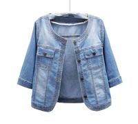 MEIZHAUNG Women'S Denim Jacket - Casual Coat Short Jeans Jacket For Women， Blue Roundneck Three Quarter Sleeve Denim Jacket ，Large Size With Pockets Washed Denim Top,Blue,Xxl