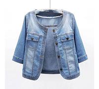 MEIZHAUNG Women'S Denim Jacket - Casual Coat Short Jeans Jacket For Women, Blue Roundneck Three Quarter Sleeve Denim Jacket ,Large Size With Pockets Washed Denim Top,Blue,3Xl
