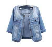 MEIZHAUNG Women'S Denim Jacket - Casual Coat Short Jeans Jacket For Women, Blue Roundneck Three Quarter Sleeve Denim Jacket ,Large Size With Pockets Washed Denim Top,Blue,L