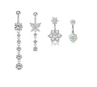 MeiziQL 4PCS 14G Surgical Steel Belly Button Ring Dangle Belly Button Rings for Women Belly Piercing Dangling Cute Heart Butterfly Flower Navel Rings Pack(Silver-Butterfly-4pcs)