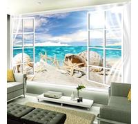 MEIZONGHUOJI Photo Wallpaper Wall Mural Blue Sea Conch Starfish Window Curtain Non-Woven Murals Bedroom Living Room Decor Modern Design 400Cm(W) X280Cm(H)