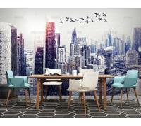 MEIZONGHUOJI Photo Wallpaper Wall Mural Hand Drawn City Buildings Sunrise Flying Birds Non-Woven Murals Bedroom Living Room Decor Modern Design 300Cm(W) X210Cm(H)