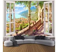 MEIZONGHUOJI Photo Wallpaper Wall Mural Window Seascape European Town Non-Woven Murals Bedroom Living Room Decor Modern Design 300Cm(W) X210Cm(H)