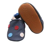 Mejale Soft Leather Crawling Shoes Infant Baby Slippers with Rubber Sole for Extra Grip Non-Slip Boys Girls Shoes for Toddlers, Dark blue dots, 4.5/5 UK Child
