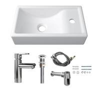 MEJE 41x23 cm Wall Hung Basin Sink Combo, Small Cloakroom Basin, Rectangle Ceramic Bathroom Wash Basin - Right Hand Sink Set (Include Faucet & Pop-up Drain)