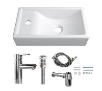 MEJE 41x23 cm Wall Hung Basin Sink Combo, Small Cloakroom Basin, Rectangle Ceramic Bathroom Wash Basin - Left Hand Sink Set (Include Faucet & Pop-up Drain)