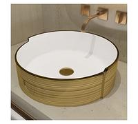 MEJE 42.5cm Luxury Gold Stripes Round Art Basin, Above Counter Bathroom Vessel Sink, Porcelain Ceramic Countertop Sink(Include pop up Drain)