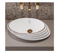 MEJE 53.5 x 37 cm Slant Oval Shape Art Basin, Embossed Pattern,Rose Gold Trim Design, Above Counter Bathroom Sink, Porcelain Ceramic Countertop Vessel Sink (Include pop up Drain)