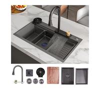 MEJE 80x45 cm Upgrade 304 Stainless Steel Waterfall Kitchen Sink,Waterfall Faucet, Pull-Down Faucet Set, Nano Coating Single Large Bowl, Warm Grey