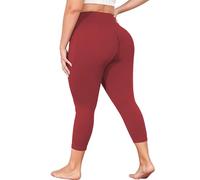 MEJING Plus Size Capri Leggings for Women with Pockets, Butt Lifting Yoga Pants Tummy Control, L-5XL Workout Leggings, Deep Red, 4X-Large Plus