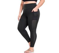 MEJING Plus Size Leggings, Black Mesh Yoga Pants for Women with Pockets High Waisted Tummy Control & Squat Proof Workout Leggings, Black-2, 3XL Plus