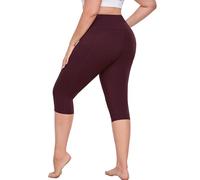 MEJING Plus Size Leggings with Pockets Knee Length, L-5XL Capri Yoga Pants High Waisted, Tummy Control Workout Leggings, Deep Wine, 3X-Large Plus
