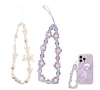 MEKEET 2PCS Phone Charm Bracelet - White and Purple Butterfly Flower Pearl Phone Wrist Strap for Ladies Girls Women