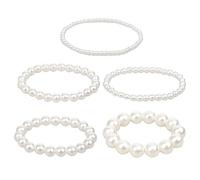 MEKEET 5PCS Stackable White Pearl Bracelets Set - Classic Faux Pearls Stretch Bracelets for Ladies - Party, Wedding, Gift