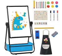 Mekidulu Easel kids,63cm-107cm Adjustable 360° Rotating-Double Sided Iron Kids Easel-with Apron, Alphabet Cartoon. Magnetic Whiteboard with Pencil and Eraser,Blackboard for kids.(Black)
