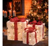 MEKOTRIN Set of 3 Christmas Light Up Present Boxes, Christmas Parcels Lights, Xmas Light Under Tree Luminous Decor with Bow for Party, Home, Tree Decoration Xmas Holiday Fairy Lights Decor, Snowflake