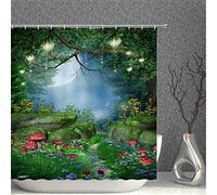MEKPAM Fantasy Fairy Tale Forest Decoration Shower Curtain Red Mushroom Green Tree Grass Colorful Spring Flower Lantern Full Moon Decoration Shower Curtain Fabric Shower Curtain 180X180cm/71X71 Inch