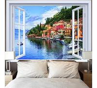 MEKPAM Outside The Window Tapestry 3D Mountain Lake Sunset Wave Landscape Garden Posters For Outside Large Home Room Decor Wall Hanging 200X150CM/79X59 Inch