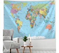 MEKPAM World Map Tapestry Map Fabric Wall Hanging Decor Watercolor Map Letter Polyester Table Cover Yoga Beach Towel 150X100CM/59X39 Inch