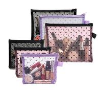 Mekupeu 3 Pcs/6Pcs Heart Print Mini Zipper Mesh Bags, Lipstick Cosmetic Accessories Organizer, Zipper Mesh Cosmetic Bag for Travel Home Offices Women Girls, Black+Pink+Purple, Mixed Large&Small, Heart