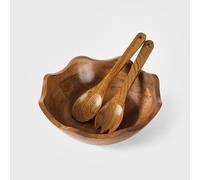 Mela Artisans Acacia Wood Scallop Salad Bowl with Servers | 12 Inch Large Decorative Serving Bowl | Natural Finish Rustic Wooden Kitchen Table Centerpiece |Food Safe