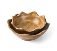 Mela Artisans Wooden Scalloped Bowl - Set of 2 Large & Medium |Mango Wood Natural Grain Finish | Fits Bread, Fruits, Salad or Popcorn | 12” x 4” x 12”, 10” x 4” x 10”