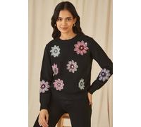 Mela Women's Black Sequin Flower Jumper | Size: Small Mela Black S