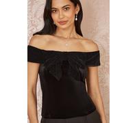 Mela Black Sparkle Black Velvet Bow Bardot Top Black 14